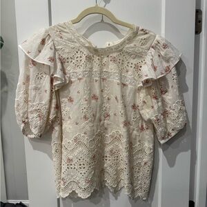LoveShackFancy Cream and Pink Embroidered Blouse